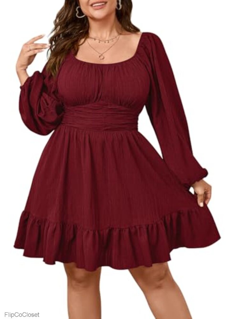 Plus Size Women's Long Sleeve Mini Dress Square Neck Ruched Smocked Lantern